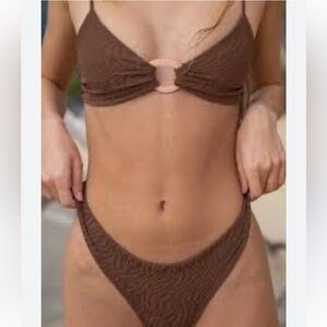 NWT!! Escape to Paradise Textured Brown Bikini Set with Ring-Front Accent